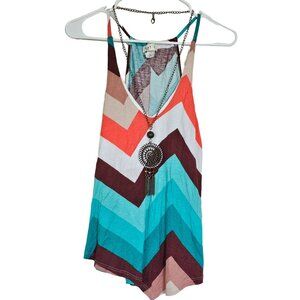 Love J Retro Colored Chevron Racerback Tank Top with Necklace - Women's S - Boho